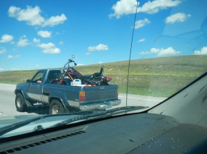 Motorcycle in a small truck